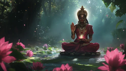 Goddess meditates on lotus pool amid radiant forest light.