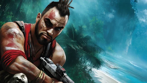 Battle-scarred warrior crouches on misty tropical shoreline.