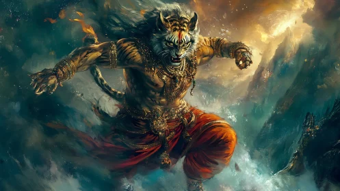 Fierce tiger warrior charges through swirling stormlight