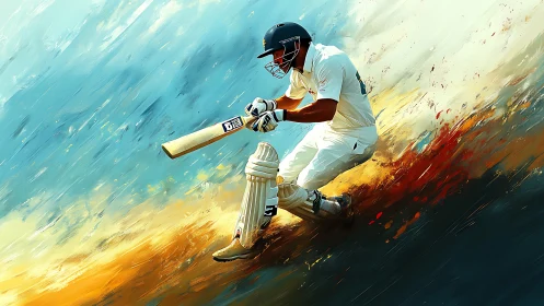 Cricket batsman carves a blazing stroke through painted sky