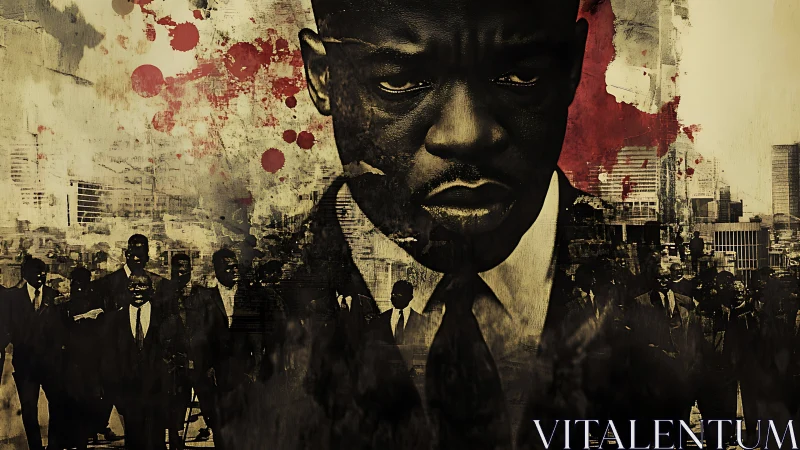 Intense suited figure dominates gritty urban montage design.