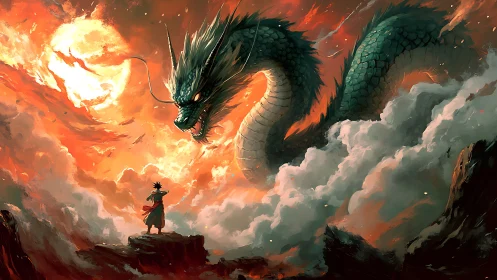 Hero meets sky dragon in a fiery, cloud-lit fantasy sky.