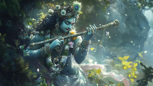 Blue divine flutist in luminous forest bloom.