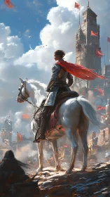 Armored rider surveys burning citadel from white warhorse