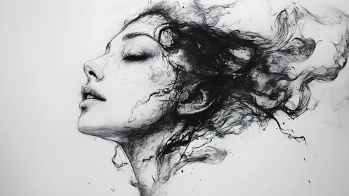 Monochrome female profile dissolves into dynamic ink-like turbulence