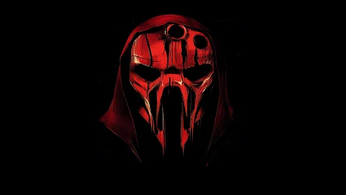 Red hooded skeletal mask on black digital background.