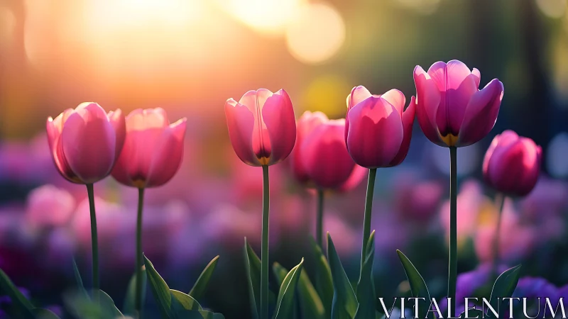 Pink tulips in sunlit field with blurred background depth