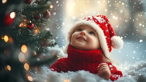 Snowlit child in Santa red, dreaming beneath sparkling tree.