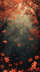 Crimson maple canopy framing misted forest corridor.