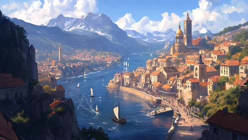 Sunlit medieval harbor city curves along mountain fjord