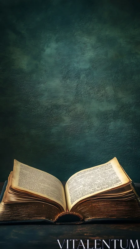 Antique open book on dark textured studio background.