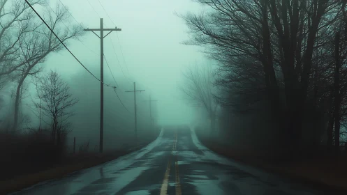 Quiet asphalt river slips into a teal-drenched winter fog