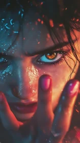 Molten gaze carves fire and ice across a stormlit face