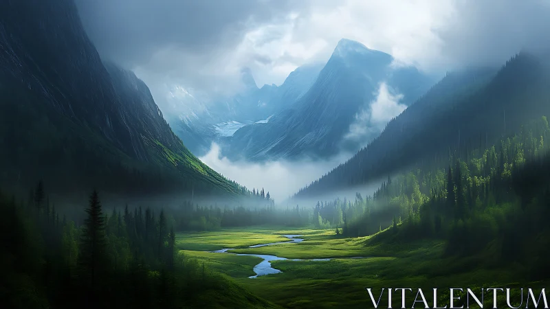 Misty valley river winding beneath towering blue peaks.