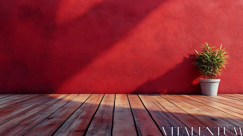 Potted plant against red wall on sunlit wooden floor