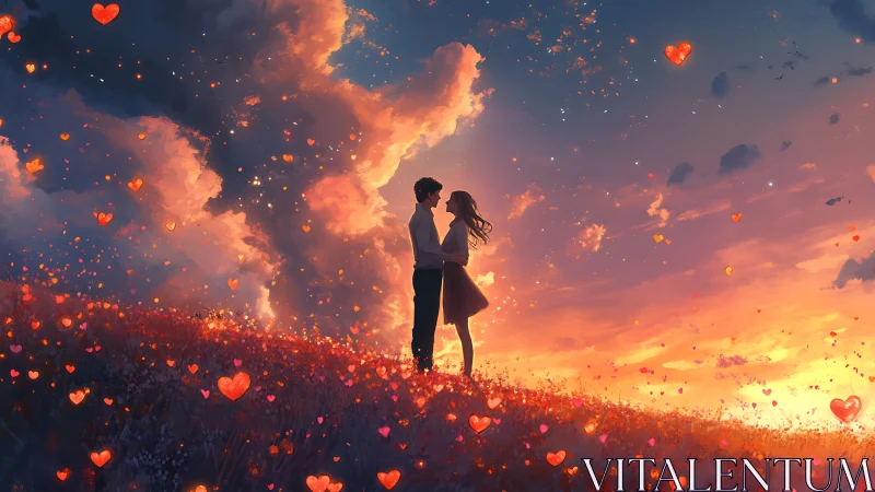 A Couple's Love Illuminated by Glowing Hearts and Sunset Magic.