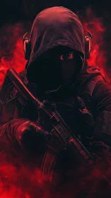 Hooded tactical gunner framed by crimson combat haze.