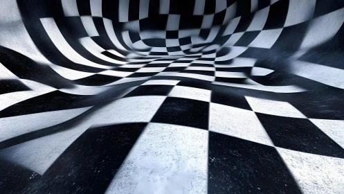 Surreal Wavy Checkerboard Pattern in Black and White Art Style.