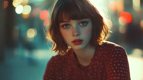 Soft-lit portrait of young woman in cinematic bokeh glow.