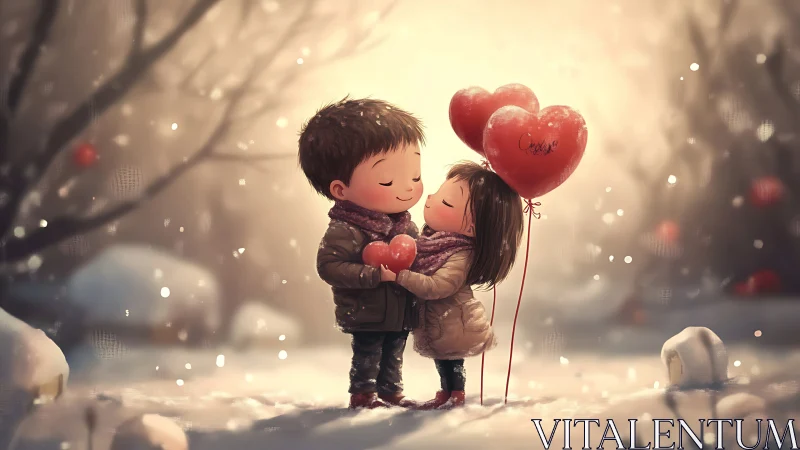 Children Exchange Love in Snowy Winter Romance.
