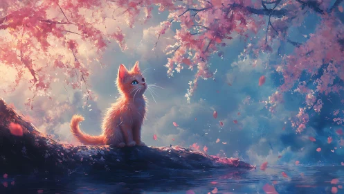 Luminescent Feline Silhouette Beneath Cherry Blossom Canopy.