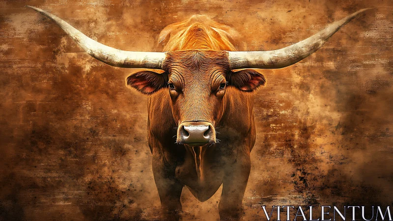 Longhorn bull charges through dust in dramatic sepia field.