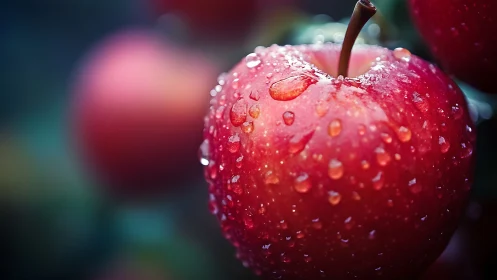 Macro analysis of dewy red apple with shallow depth of field