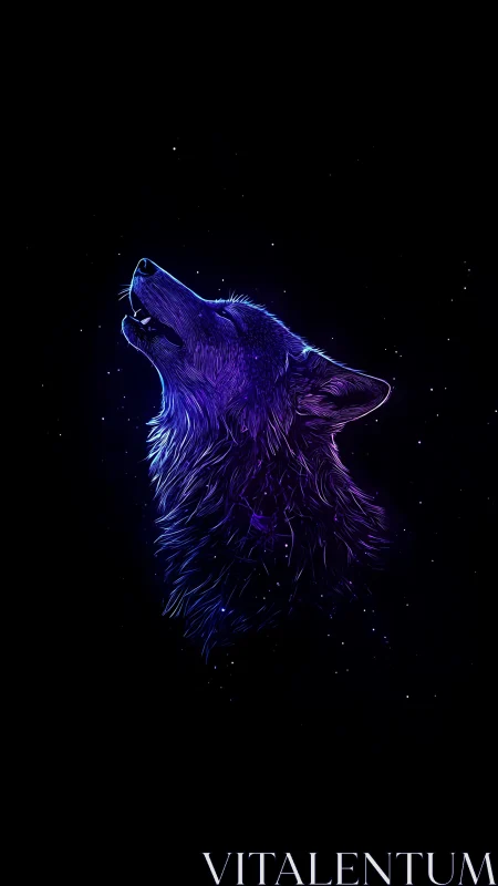 Neon wolf silhouette howls against a glowing starfield night.