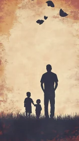 Father and Two Children Share a Moment Under Floating Wings