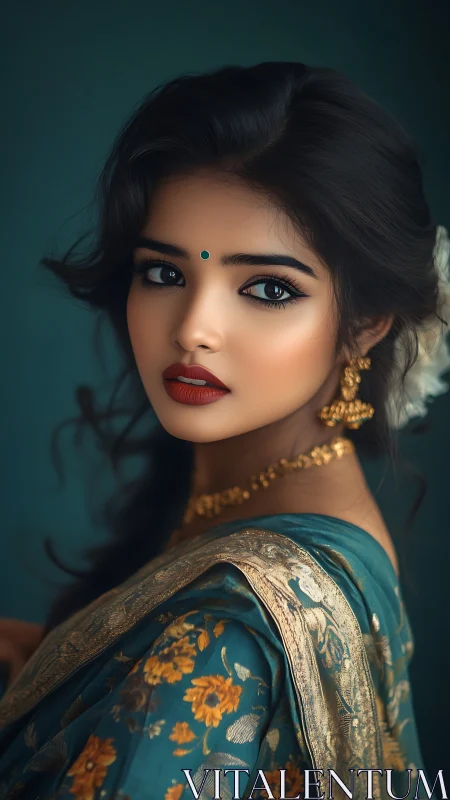 Quiet gaze in teal sari, a timeless portrait of grace.