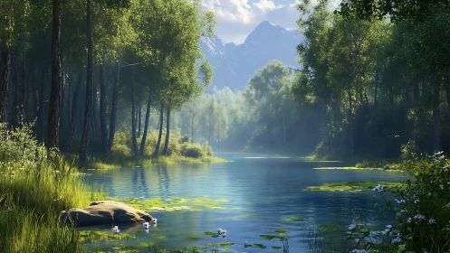 Rendered forest lake scene shows still water and dense trees