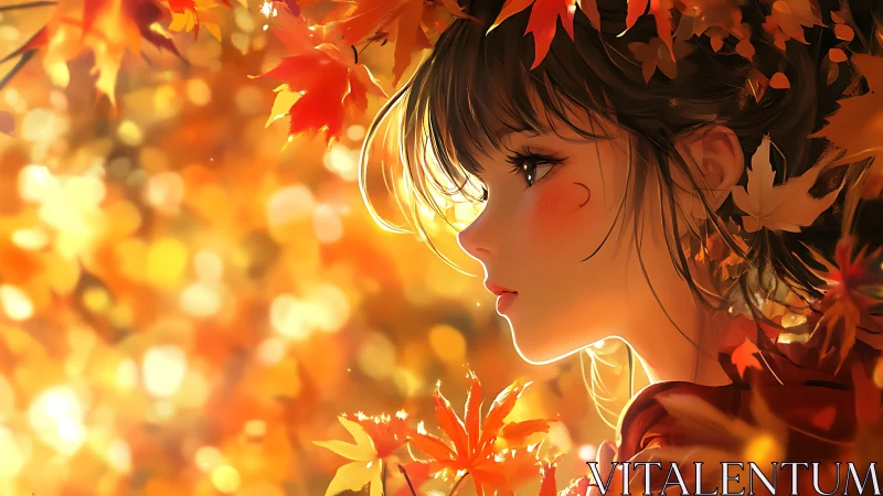 Autumn anime girl in warm golden light and falling leaves.