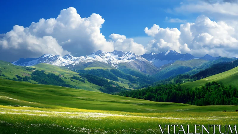 Snow-capped mountain range overlooks layered green pastures