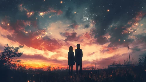 Two silhouetted figures under a vivid starry sunset sky.