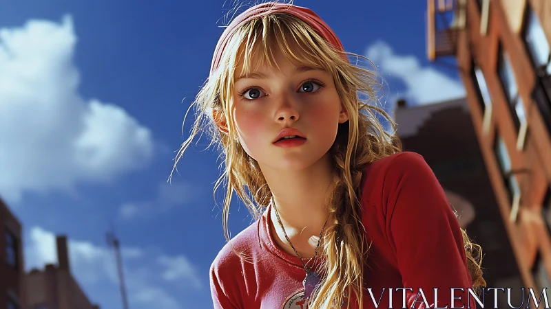 Skyline daydreamer girl caught between clouds and city hush.