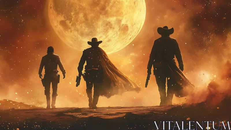 Gun-slinging outlaws stride toward a giant glowing moon.