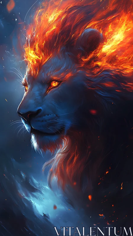 Fiery elemental lion with blazing mane in dark sky.