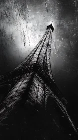 Monochrome Eiffel Tower study in dramatic upward view.