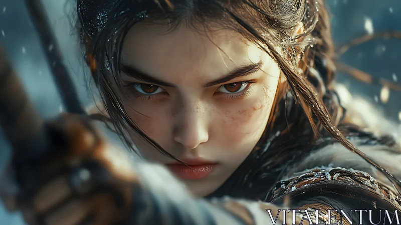 Archer’s glacial gaze in hyper-detailed digital portrait.