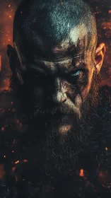 Battle-hardened warrior portrait with cinematic ember-lit contrast