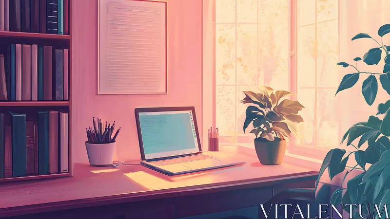 Sunlit desk workspace with laptop, books, and indoor plants.