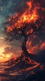 Ancient Tree Consumed by Inferno Against Dusk Sky.