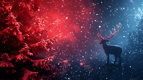 Bilateral red blue lighting isolates silhouetted stag in snowfall