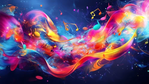 Digital painting of luminous music notes in chromatic motion.
