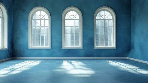 Minimalist blue interior with arched windows and soft daylight.