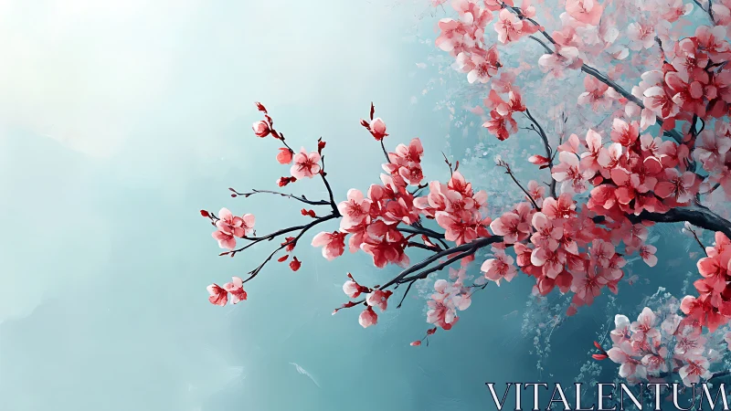 Cherry Blossom Branches: Soft-Focus Floral Study Against Turquoise.