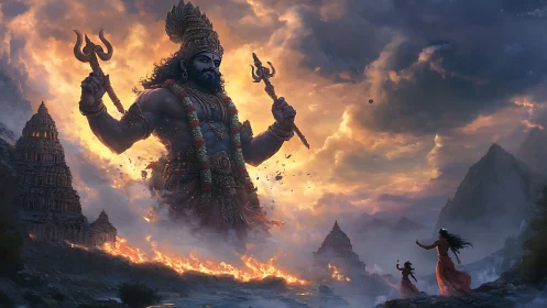 Colossal multi-armed deity amid temples, fire and clouds.