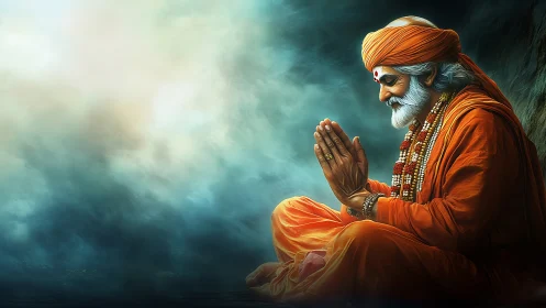 Seated elderly figure in orange robes holds hands in prayer