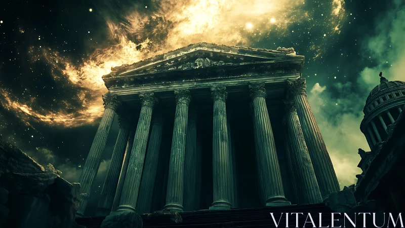 Ancient colonnaded temple under galactic nebula sky, low-angle