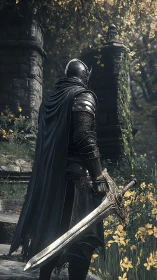 Armored figure stands with sword in overgrown stone ruin